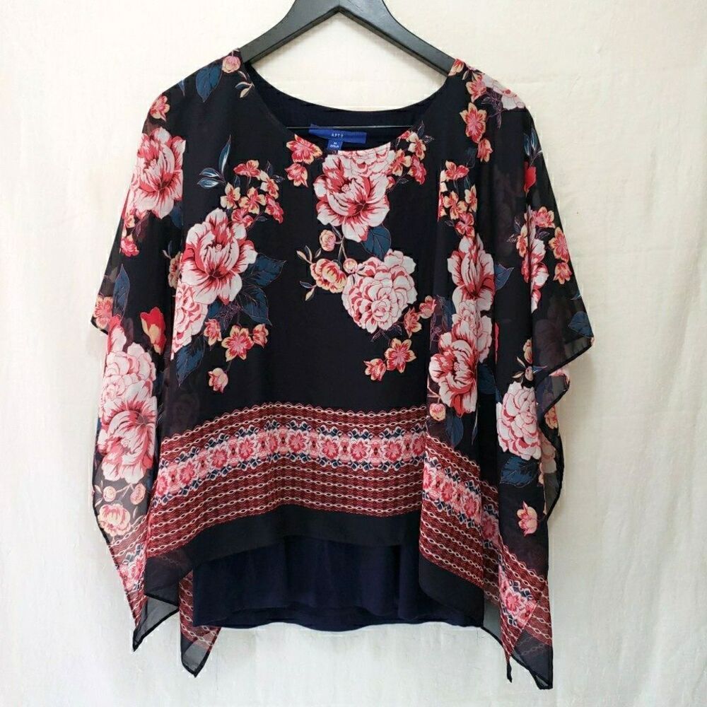 APT. 9 Women's Black Floral Sheer Overlay Poncho Top Boho Chic Festive Size M